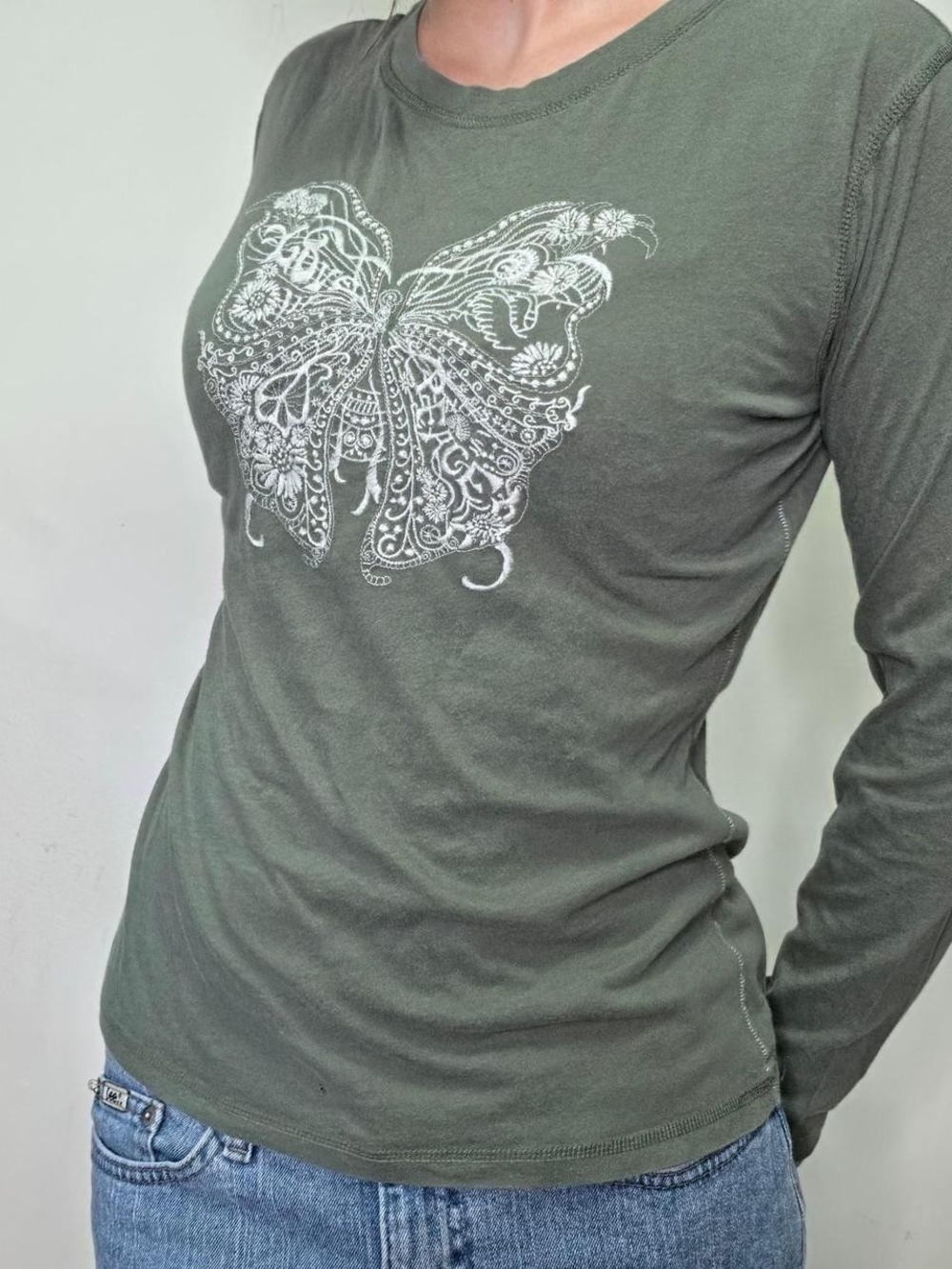 2000s Y2K Vintage Butterfly Embroidered Green Long Sleeve Top Size S Boho Fairy - Picture 4 of 7